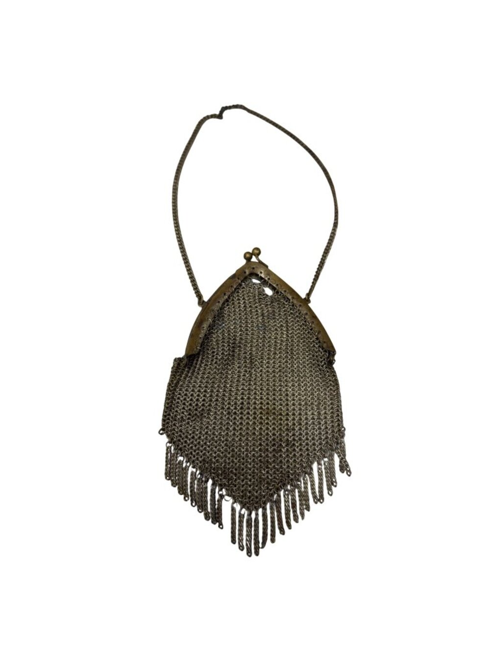 Antique Brass Chainmail Mesh Purse Fringe Detail Kiss-Lock 4x6 Chain Strap READ